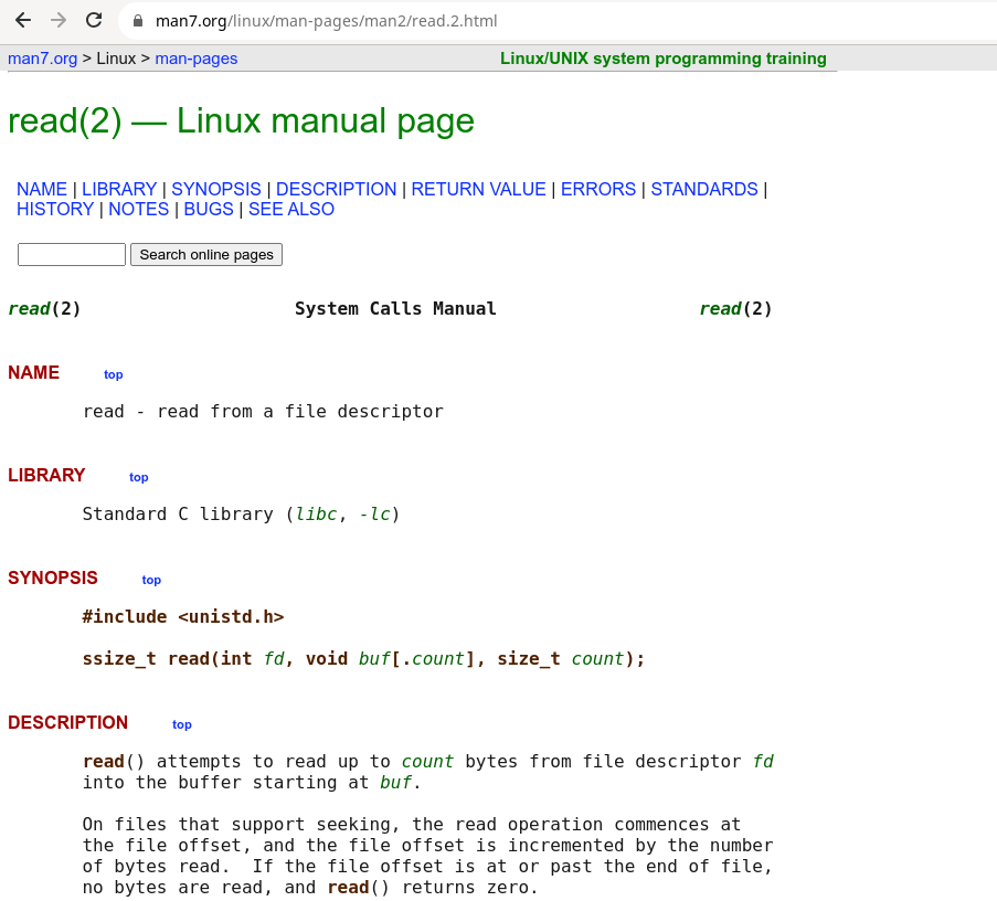 Manpage of the read syscall in a web browser