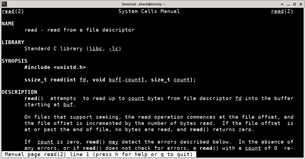 Manpage of the read syscall in a terminal
